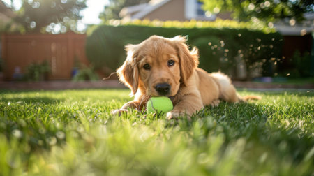 A fluffy golden retriever puppy playing with a tennis ball in a sunny backyard.の素材