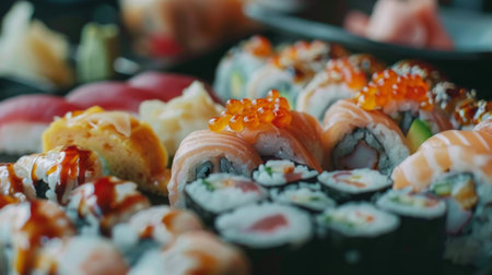 Close-up of assorted sushi rolls on a traditional Japanese serving platter, showcasing vibrant colors and fresh ingredients.の素材