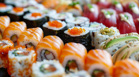 Close-up of sushi rolls with various fillings, highlighting the creativity and diversity of Japanese cuisine.の素材