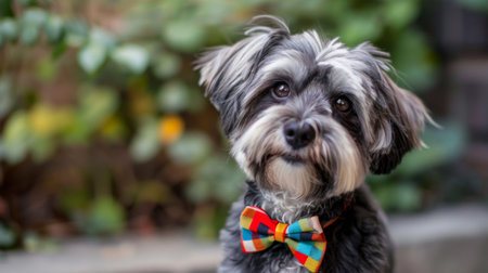 A cute dog with a colorful bow tie, looking dapper and well-groomed.の素材