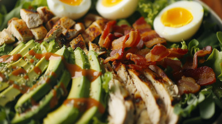 A colorful Cobb salad packed with fresh greens, grilled chicken, avocado, bacon, and hard-boiled eggs.の素材