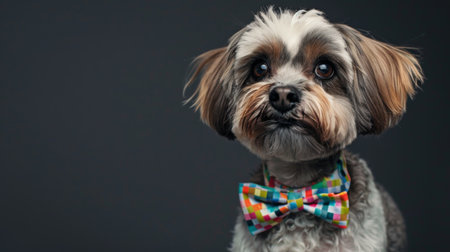 A cute dog with a colorful bow tie, looking dapper and well-groomed.の素材