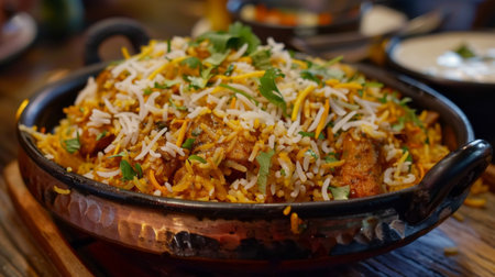 A flavorful biryani dish made with aromatic spices, tender chicken, and fluffy rice, served with raita.の素材