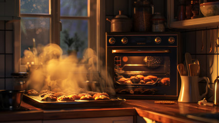 A cozy kitchen scene with cookies baking in the oven, steam rising.の素材
