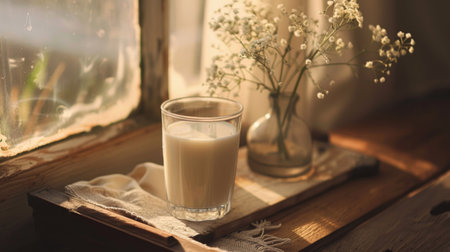 A glass of milk placed on a vintage wooden tray with a small vase of flowers.の素材