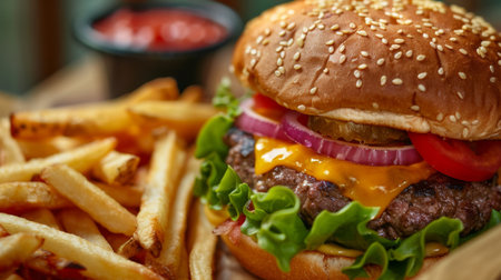 A gourmet cheeseburger loaded with toppings like lettuce, tomato, onion, and pickles, served with fries.の素材