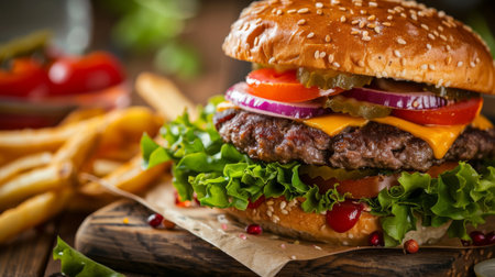 A gourmet cheeseburger loaded with toppings like lettuce, tomato, onion, and pickles, served with fries.の素材