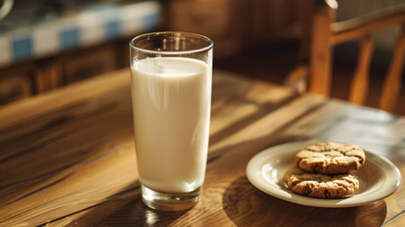 A glass of milk placed on a wooden kitchen table, with a plate of cookies beside it.の素材
