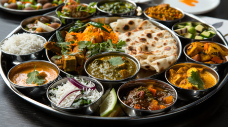 A mouthwatering thali spread featuring a variety of Indian dishes like dal, paneer tikka, and vegetable curry.の素材