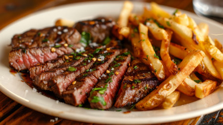 A hearty plate of steak frites, featuring a perfectly cooked strip steak and a side of crispy French fries.の素材