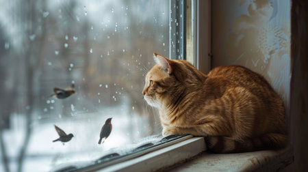 A round cat perched on a windowsill, watching birds outside with keen interest.の素材