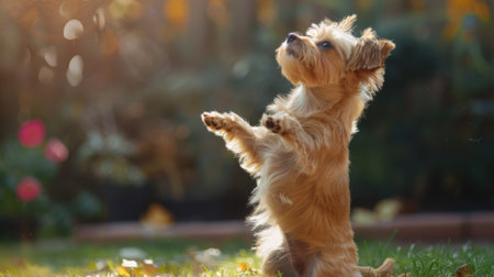 A small dog standing on its hind legs, performing a trick for a treatの素材
