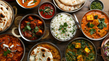 A mouthwatering thali spread featuring a variety of Indian dishes like dal, paneer tikka, and vegetable curry.の素材