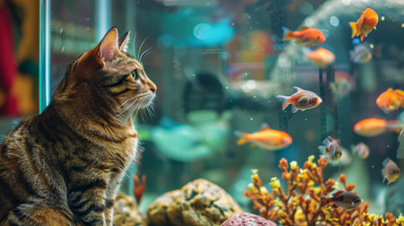 A plump cat sitting by a fish tank, watching the fish swim with fascination.の素材