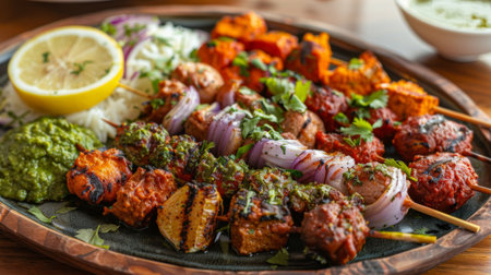 A mouthwatering platter of assorted kebabs served with mint chutney and lemon wedges.の素材