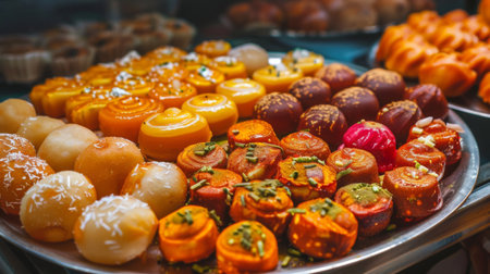 A mouthwatering platter of assorted Indian sweets like gulab jamun, jalebi, and barfiの素材