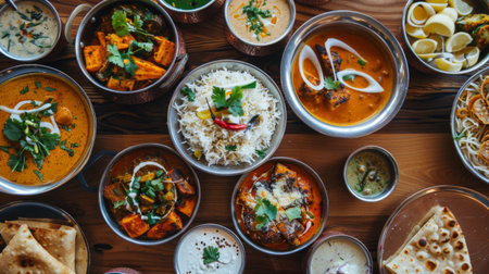 A mouthwatering thali spread featuring a variety of Indian dishes like dal, paneer tikka, and vegetable curry.の素材