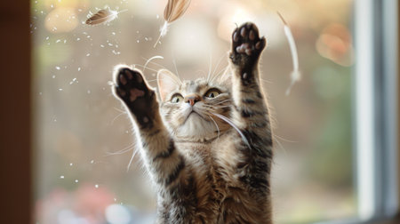 An overweight cat playing with a feather wand, reaching up with its paws.の素材