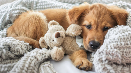 An adorable puppy snuggling with a stuffed animal on a soft blanket.の素材