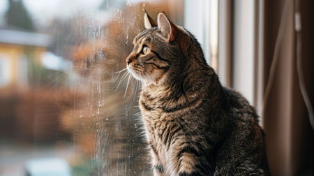 An overweight cat sitting by a window, staring outside with curiosity.の素材