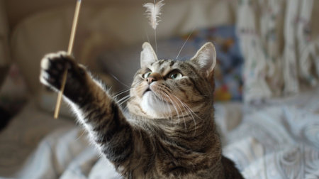 An overweight cat playing with a feather wand, reaching up with its paws.の素材