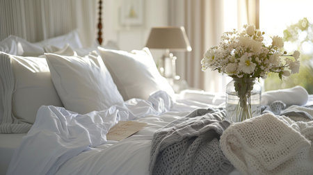 A bed in a guest room with fresh linens, a welcoming note, and a vase of flowers, creating a hospitable environmentの素材