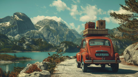 A car packed with luggage and travel essentials, ready for a long road trip, parked near a scenic rest stopの素材