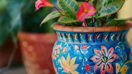 A close-up of a hand-painted flower pot with a blooming plant, highlighting the artistry and beauty of the potの素材