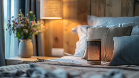 A compact speaker placed on a bedside table, playing soft music to create a relaxing atmosphere in a bedroomの素材