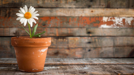 A close-up of a terracotta pot with a blooming daisy, set against a rustic wooden backgroundの素材