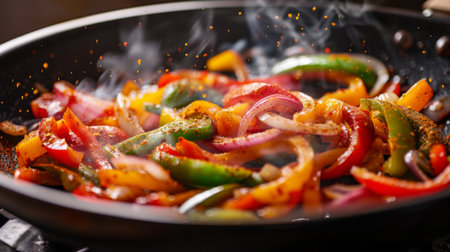A frying pan with colorful bell peppers, onions, and spices being , with vibrant colors and steam risingの素材