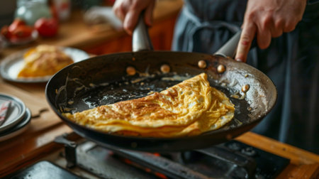 A frying pan with a perfectly cooked omelette being slid onto a plate, showcasing a delicious breakfast momentの素材