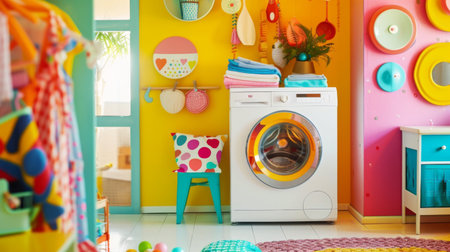 A colorful laundry room with a front-loading washing machine and vibrant decor, creating a cheerful atmosphereの素材