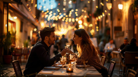 A couple enjoying a romantic dinner at an outdoor n a picturesque European city, with lights twinkling in the backgroundの素材
