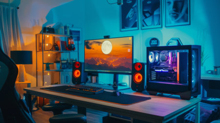 A desk with a computer monitor and compact desktop speakers, set up for an immersive gaming experienceの素材