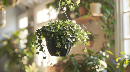 A hanging flower pot with trailing ivy, creating a charming and green corner in an indoor spaceの素材