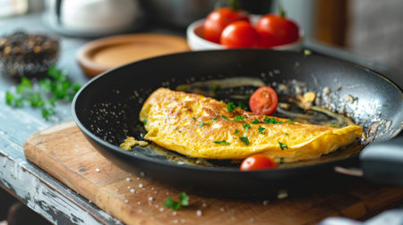 A frying pan with a perfectly cooked omelette being slid onto a plate, showcasing a delicious breakfast momentの素材