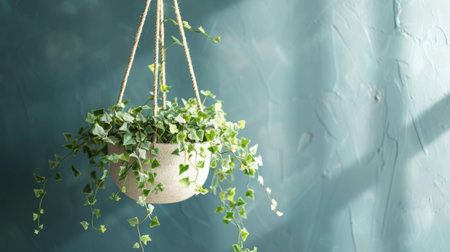 A hanging flower pot with trailing ivy, creating a charming and green corner in an indoor spaceの素材