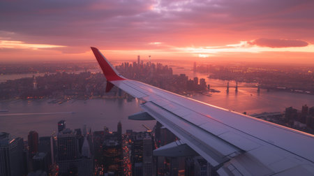 An airplane wing seen from a window seat, flying over a stunning city skyline during sunsetの素材