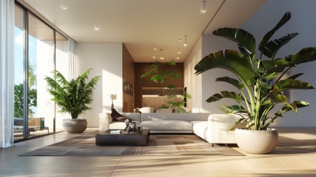 A large potted plant placed in the corner of a modern living room, adding a touch of greenery to the interior designの素材