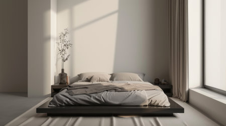 A modern bedroom with a sleek platform bed, monochromatic bedding, and minimalist decor, highlighting simplicity and eleganceの素材