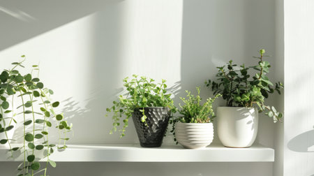 A minimalist indoor garden setup with a few sleek, modern flower pots containing green plants on a white shelfの素材