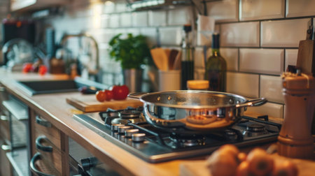 A modern kitchen with a focus on a stylish saucepan on the stove, with ingredients ready for cooking nearbyの素材