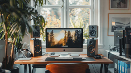 A minimalist home office with small bookshelf speakers placed on either side of a laptop, creating a balanced audio setupの素材
