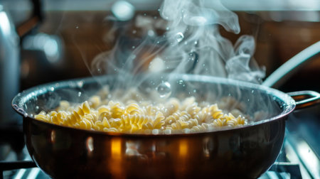A pot of pasta boiling on the stove, with steam and bubbles indicating the cooking processの素材