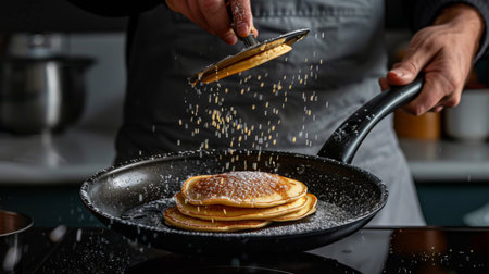 A person flipping pancakes in a non-stick skillet, with golden brown pancakes visible in the airの素材