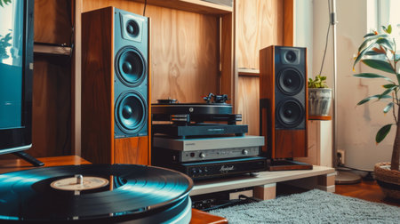 A pair of high-end floor-standing speakers positioned in a stylish home audio setup, with a vinyl record player nearbyの素材