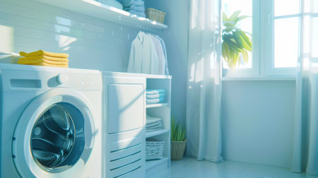 A modern washing machine in a bright laundry room, with neatly organized detergent and fabric softeners on shelvesの素材