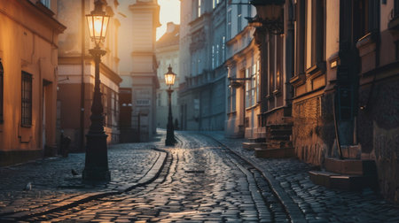 A vintage street lamp casting a romantic light on a cobblestone street in an old European cityの素材
