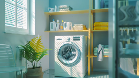 A modern washing machine in a bright laundry room, with neatly organized detergent and fabric softeners on shelvesの素材